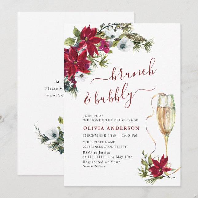 Elegant Red Poinsettia Christmas BRIDAL SHOWER Invitation (Front/Back)