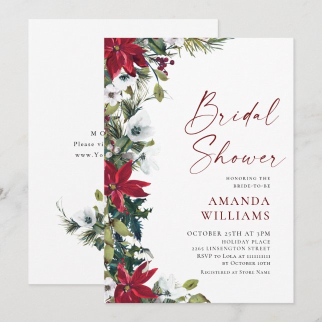 Elegant Red Poinsettia Christmas BRIDAL SHOWER Invitation (Front/Back)