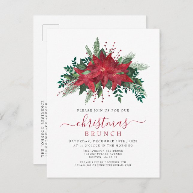 Elegant Red Poinsettia Christmas Brunch Invitation Postcard (Front/Back)