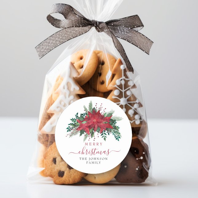 Elegant Red Poinsettia Christmas  Classic Round Sticker (Elegant Red Poinsettia Floral Script Christmas Classic Round Sticker)