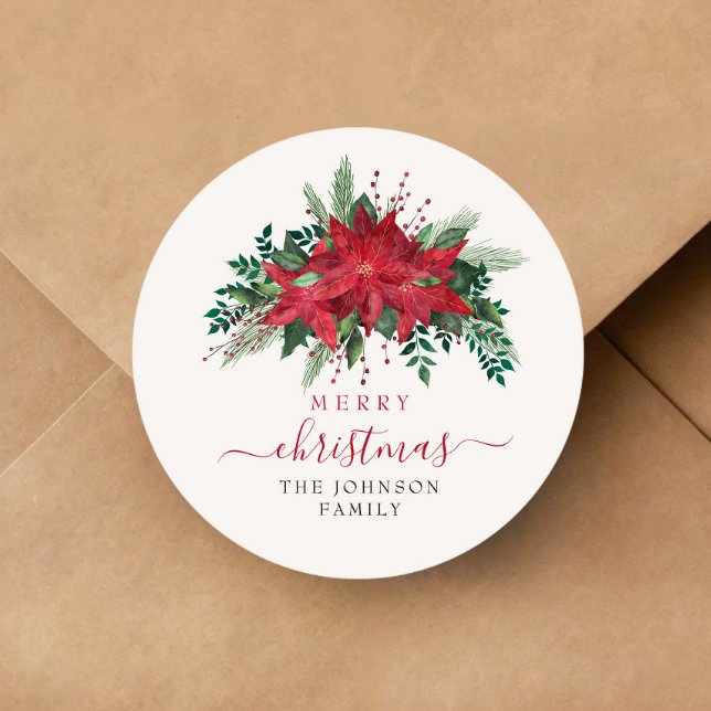 Elegant Red Poinsettia Christmas  Classic Round Sticker (Elegant Red Poinsettia Floral Script Christmas Classic Round Sticker)