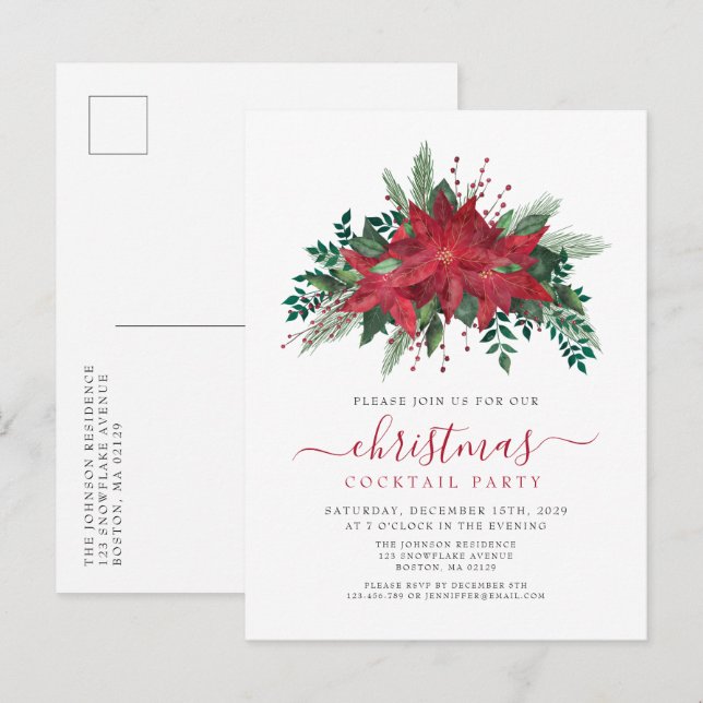 Elegant Red Poinsettia Christmas Cocktail Party Invitation Postcard (Front/Back)