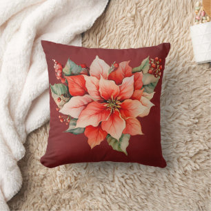 Elegant Red Poinsettia Christmas Cushion