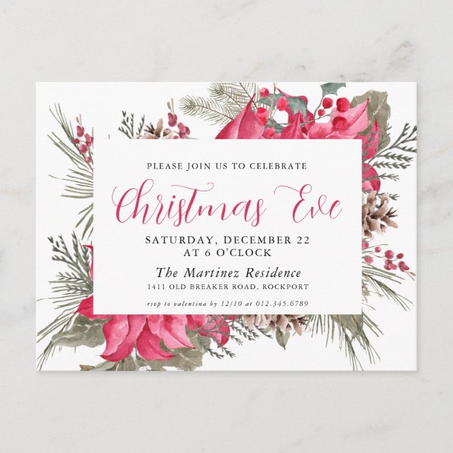 Elegant Red Poinsettia Christmas Eve Invitation Postcard (Front)