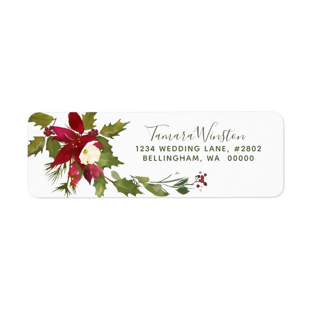 Elegant Red Poinsettia Christmas Holiday Label Return Address Label (Front)