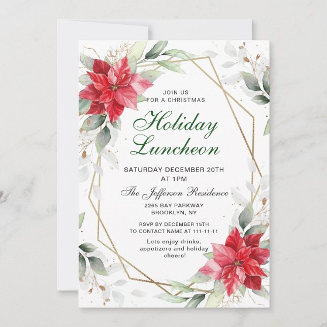 Elegant Red Poinsettia Christmas Holiday Luncheon Invitation (Front)
