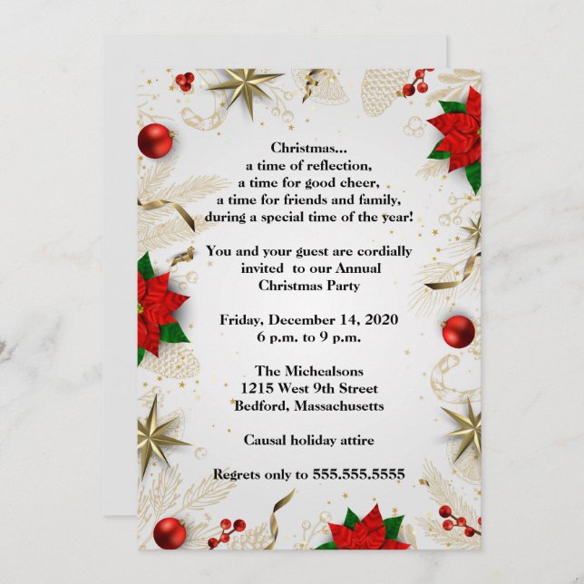 Elegant Red Poinsettia Christmas Party Invitation (Front/Back)