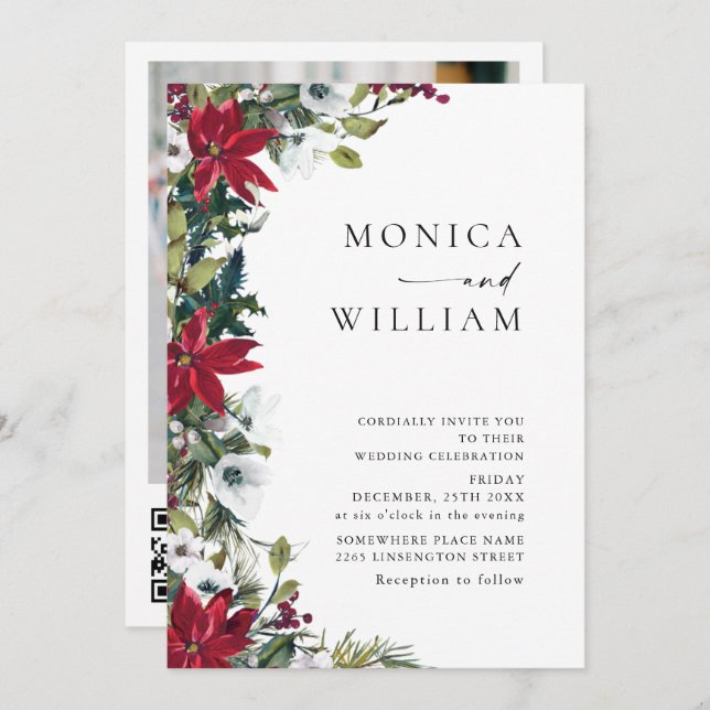 Elegant Red Poinsettia Christmas Photo Wedding Invitation (Front/Back)