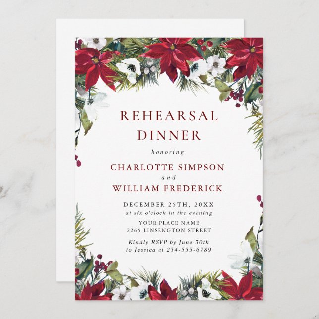 Elegant Red Poinsettia Christmas Rehearsal Dinner Invitation (Front/Back)