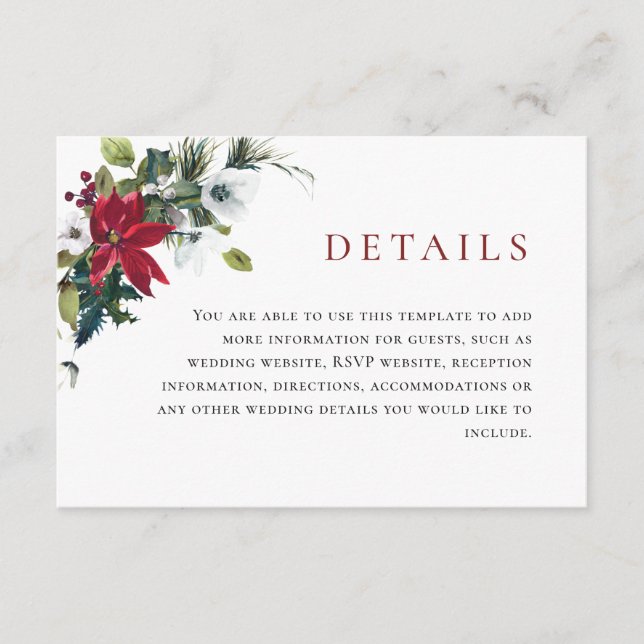 Elegant Red Poinsettia Christmas Wedding Details Enclosure Card (Front)