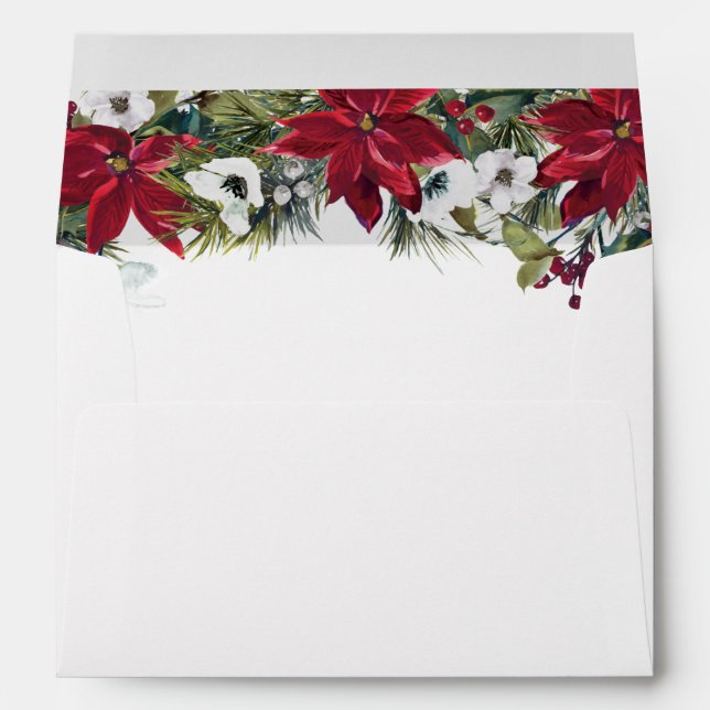 Elegant Red Poinsettia Christmas Wedding Envelope (Back (Bottom))