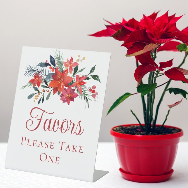 Elegant Red Poinsettia Christmas Wedding Favours Pedestal Sign (Creator Uploaded)