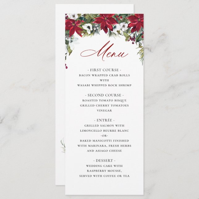 Elegant Red Poinsettia Christmas Wedding Menu Invitation (Front/Back)