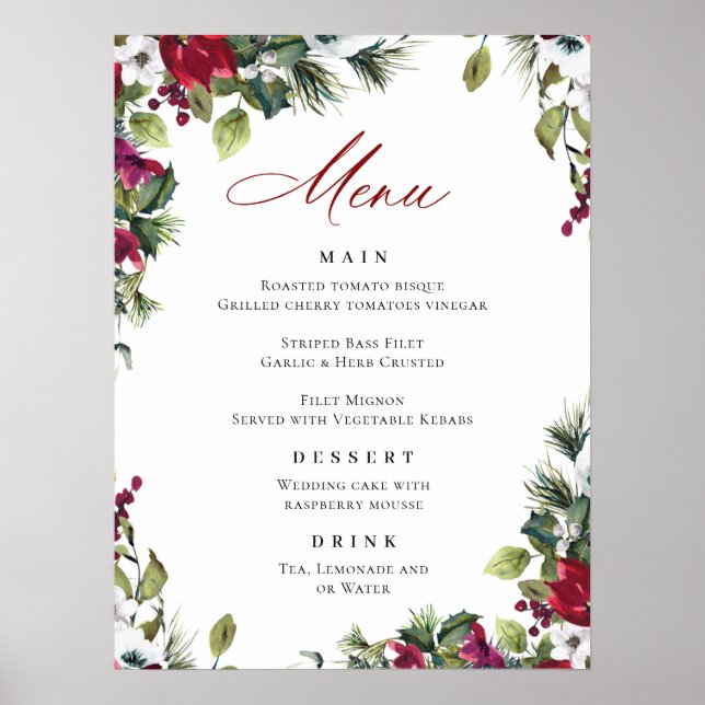 Elegant Red Poinsettia Christmas Wedding Menu Poster (Front)