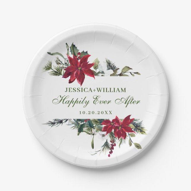Elegant Red Poinsettia Christmas Wedding Paper Plate (Front)