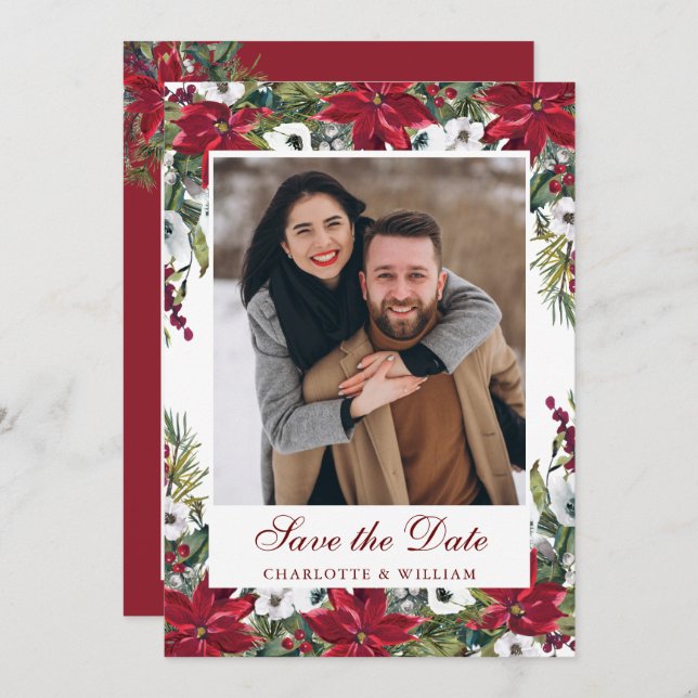 Elegant Red Poinsettia Christmas Wedding Photo Save The Date (Front/Back)