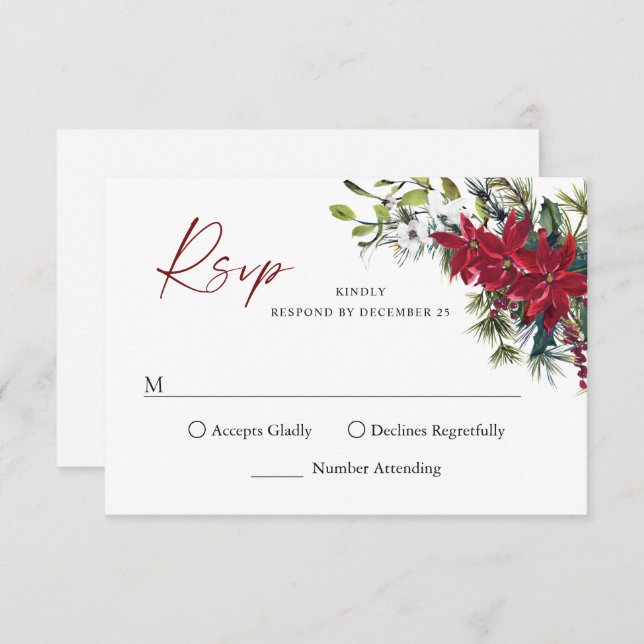 Elegant Red Poinsettia Christmas Wedding RSVP Card (Front/Back)
