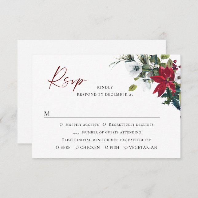 Elegant Red Poinsettia Christmas Wedding RSVP Card (Front/Back)