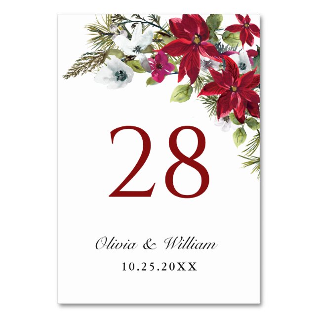 Elegant Red Poinsettia Christmas Wedding Table Number (Front)