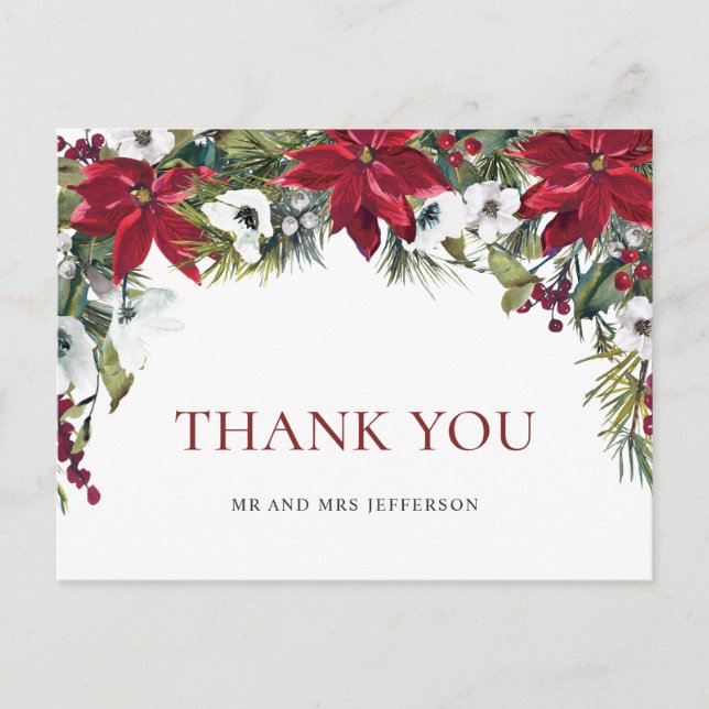 Elegant Red Poinsettia Christmas Wedding Thank You Postcard (Front)