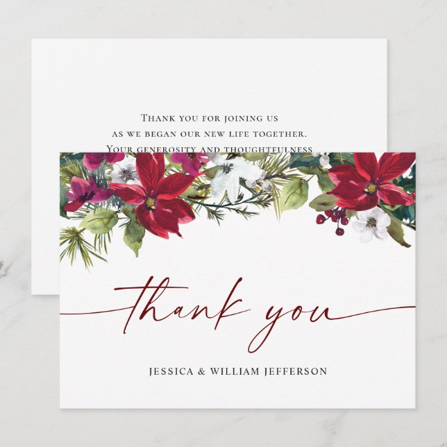 Elegant Red Poinsettia Christmas Wedding Winter Thank You Card (Front/Back)