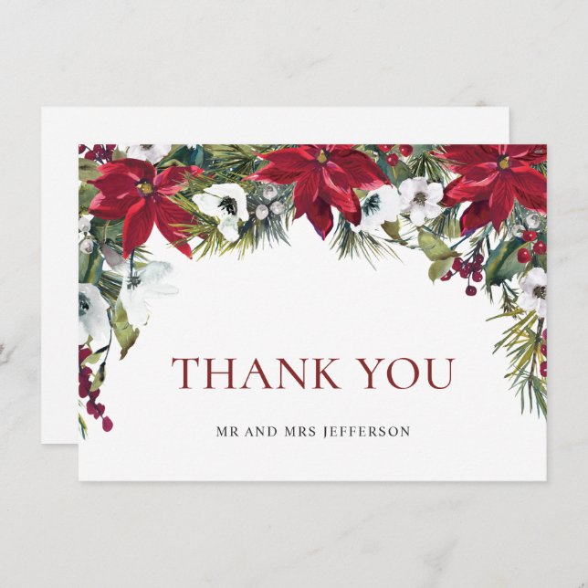 Elegant Red Poinsettia Christmas Wedding Winter Thank You Card (Front/Back)