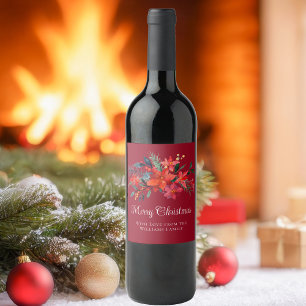 Elegant Red Poinsettia Custom Merry Christmas Wine Label