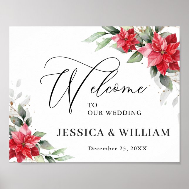 Elegant Red Poinsettia Eucalyptus Wedding Welcome Poster (Front)
