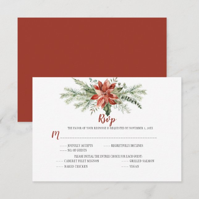 Elegant Red Poinsettia Evergreen Christmas RSVP Card (Front/Back)
