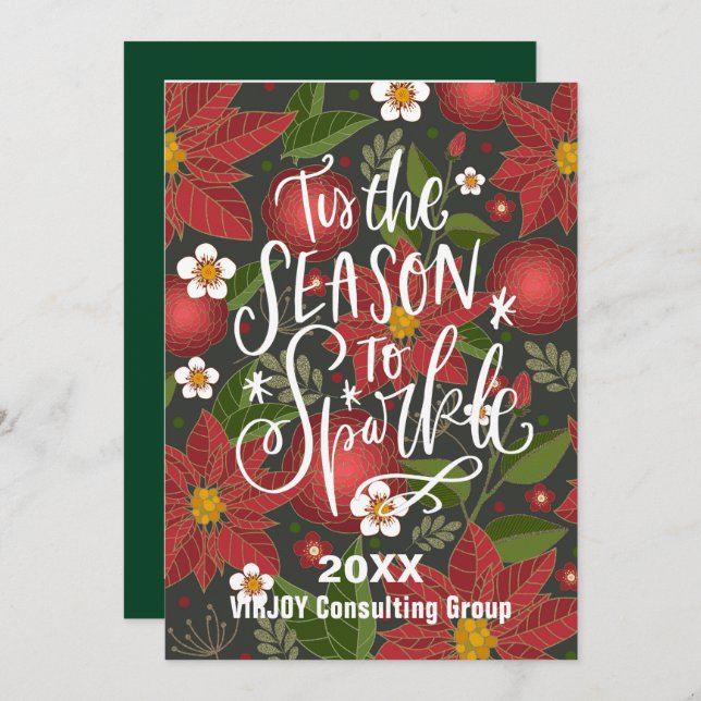 Elegant Red Poinsettia Floral Bough Photo Business Holiday Card (Front/Back)