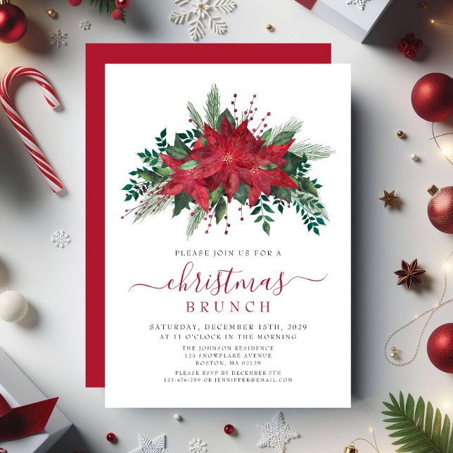 Elegant Red Poinsettia Floral Christmas Brunch Invitation (Elegant Red Poinsettia Floral Christmas Brunch Invitation)