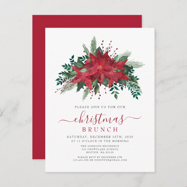 Elegant Red Poinsettia Floral Christmas Brunch Invitation Postcard (Front/Back)