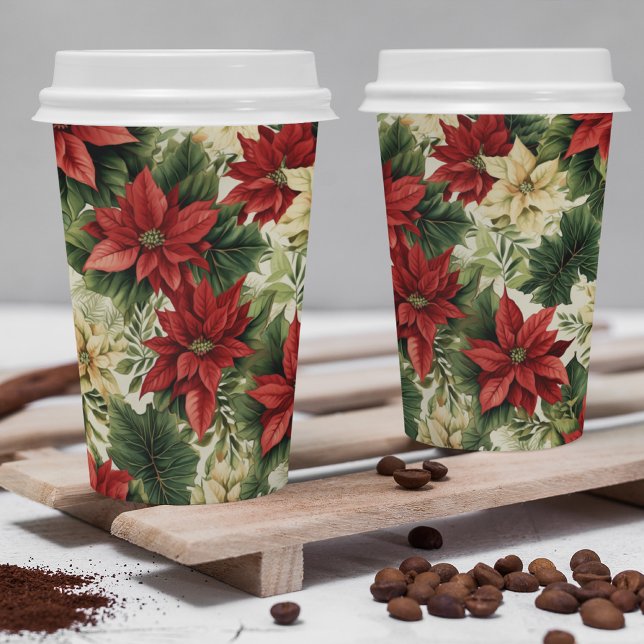 Elegant Red Poinsettia Floral Christmas Holiday Paper Cups (Creator Uploaded)