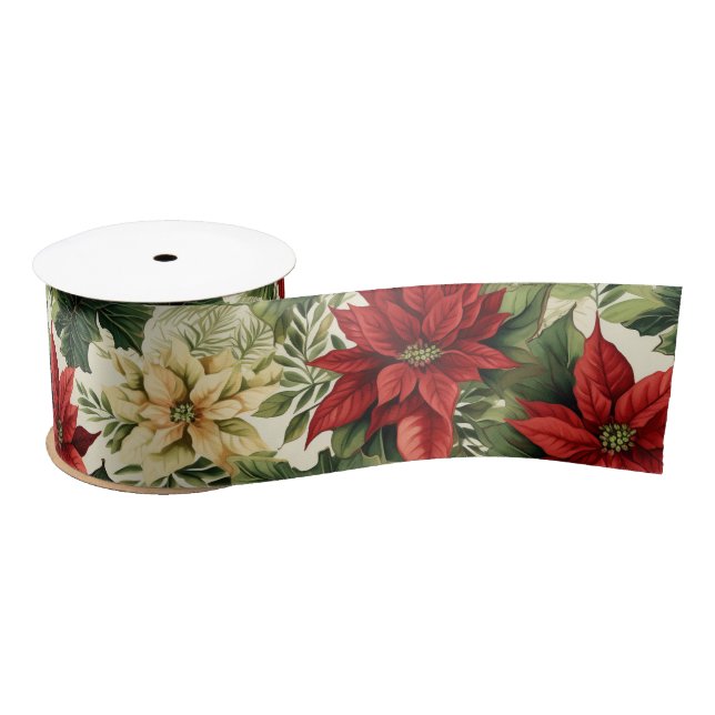 Elegant Red Poinsettia Floral Christmas Holiday Satin Ribbon (Spool)