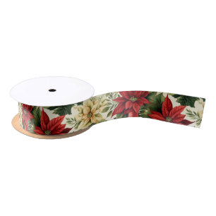 Elegant Red Poinsettia Floral Christmas Holiday Satin Ribbon