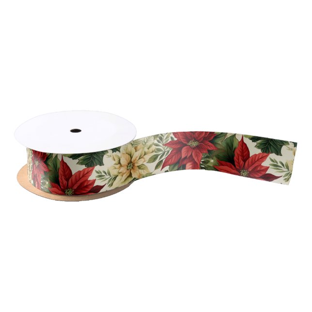 Elegant Red Poinsettia Floral Christmas Holiday Satin Ribbon (Spool)