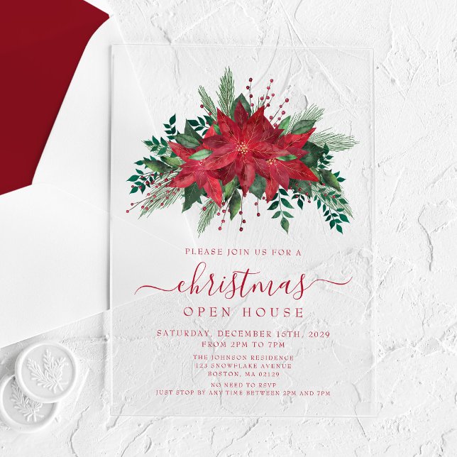 Elegant Red Poinsettia Floral Christmas Open House Acrylic Invitations (Elegant Red Poinsettia Floral Christmas Open House Acrylic Invitations)