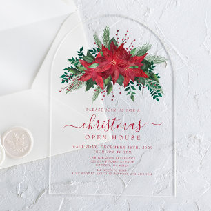 Elegant Red Poinsettia Floral Christmas Open House Acrylic Invitations