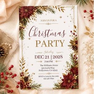 Elegant Red Poinsettia Floral Christmas Party  Invitation