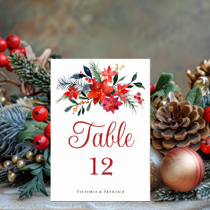 Elegant Red Poinsettia Floral Christmas Wedding Table Number