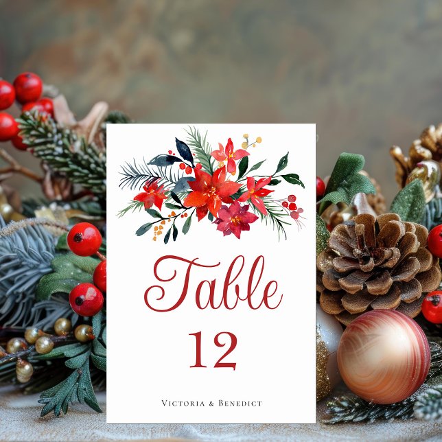 Elegant Red Poinsettia Floral Christmas Wedding Table Number (Creator Uploaded)