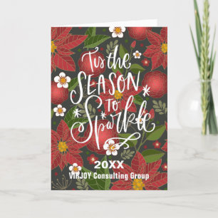 Elegant Red Poinsettia Floral Green Photo Business Holiday Card