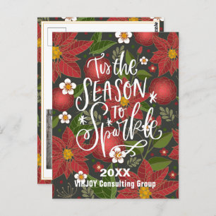 Elegant Red Poinsettia Floral Green Photo Business Postcard