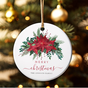 Elegant Red Poinsettia Floral Merry Christmas Ceramic Ornament