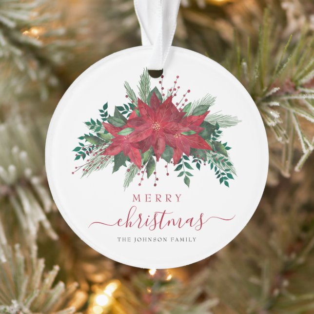 Elegant Red Poinsettia Floral Merry Christmas Ornament (Tree)