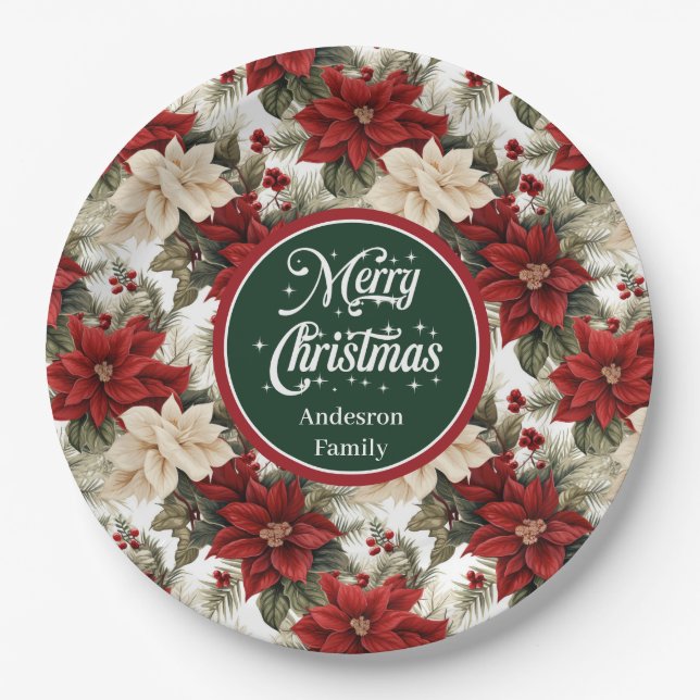 Elegant Red Poinsettia Floral Paper Plates Gift  (Front)