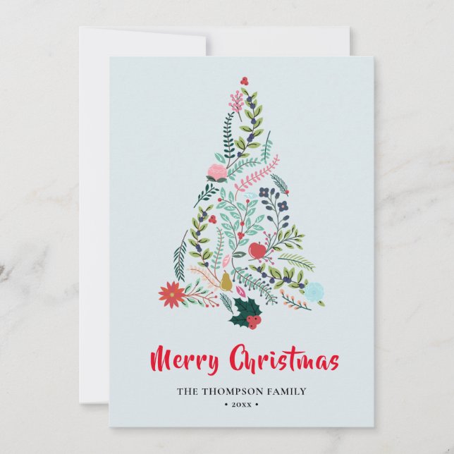 Elegant Red Poinsettia Floral Pine Tree Christmas  Holiday Card (Front)