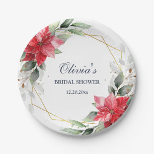 Elegant Red Poinsettia Greenery BRIDAL SHOWER Paper Plate
