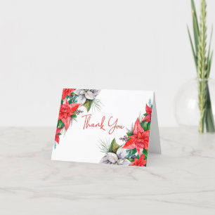 Elegant Red Poinsettia Greenery Christmas Folded Thank You Card