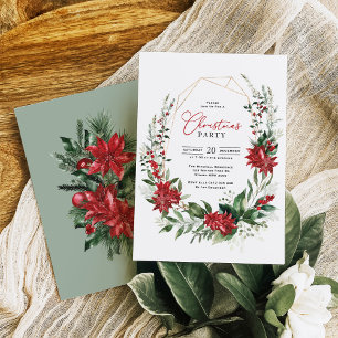Elegant Red Poinsettia Greenery Christmas Party Invitation